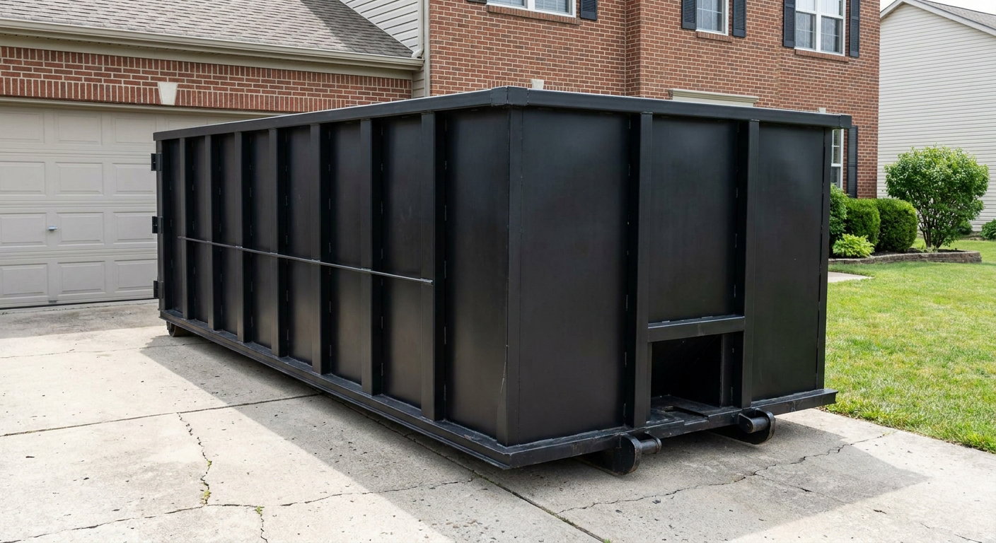 Matte-black 20-yard roll-off container on a Mission Hills residential concrete driveway with reinforced ribbed steel sidewalls and a hinged rear walk-in door, clean bright daylight.