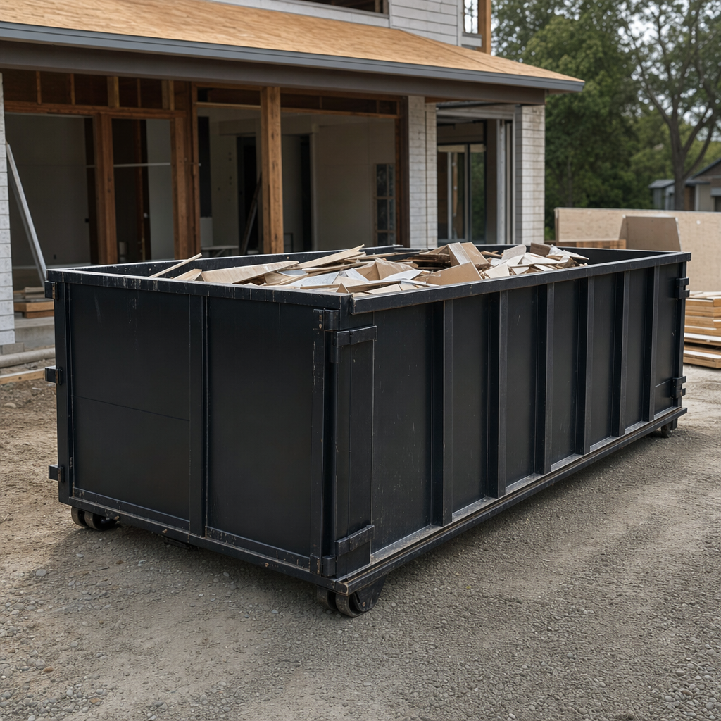 Large matte-black 30-yard construction roll-off dumpster at an active Mission Hills jobsite, steel-gray top rails and bottom rollers visible, loaded with construction debris.