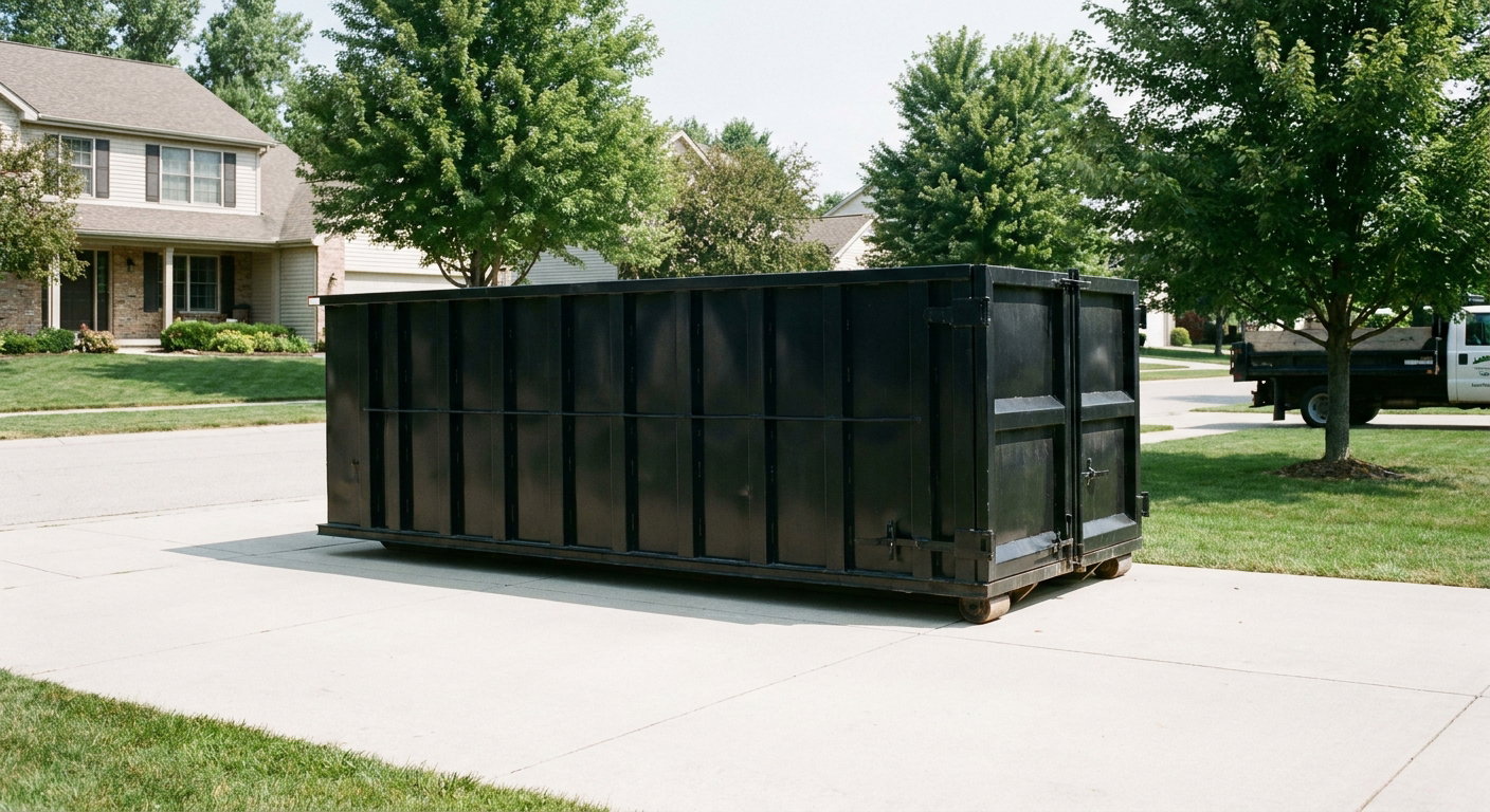 Matte-black 20-yard roll-off dumpster sitting level on a clean Mission Hills residential concrete driveway under bright daylight, demonstrating clean placement directly on the concrete.