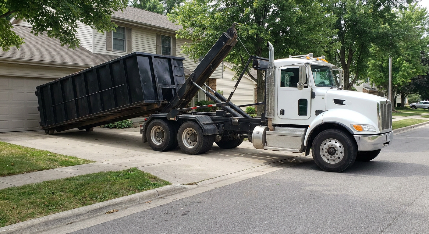 White-cab hooklift roll-off truck actively lowering a matte-black dumpster onto a Mission Hills residential concrete driveway, the dumpster's rear wheels touching the driveway as the hoist arm tilts the bed forward, mid-morning daylight.